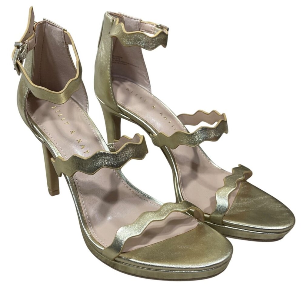 Kelly & Katie Litton Platform Sandal Gold Size 7M Scalloped Strappy 4"
